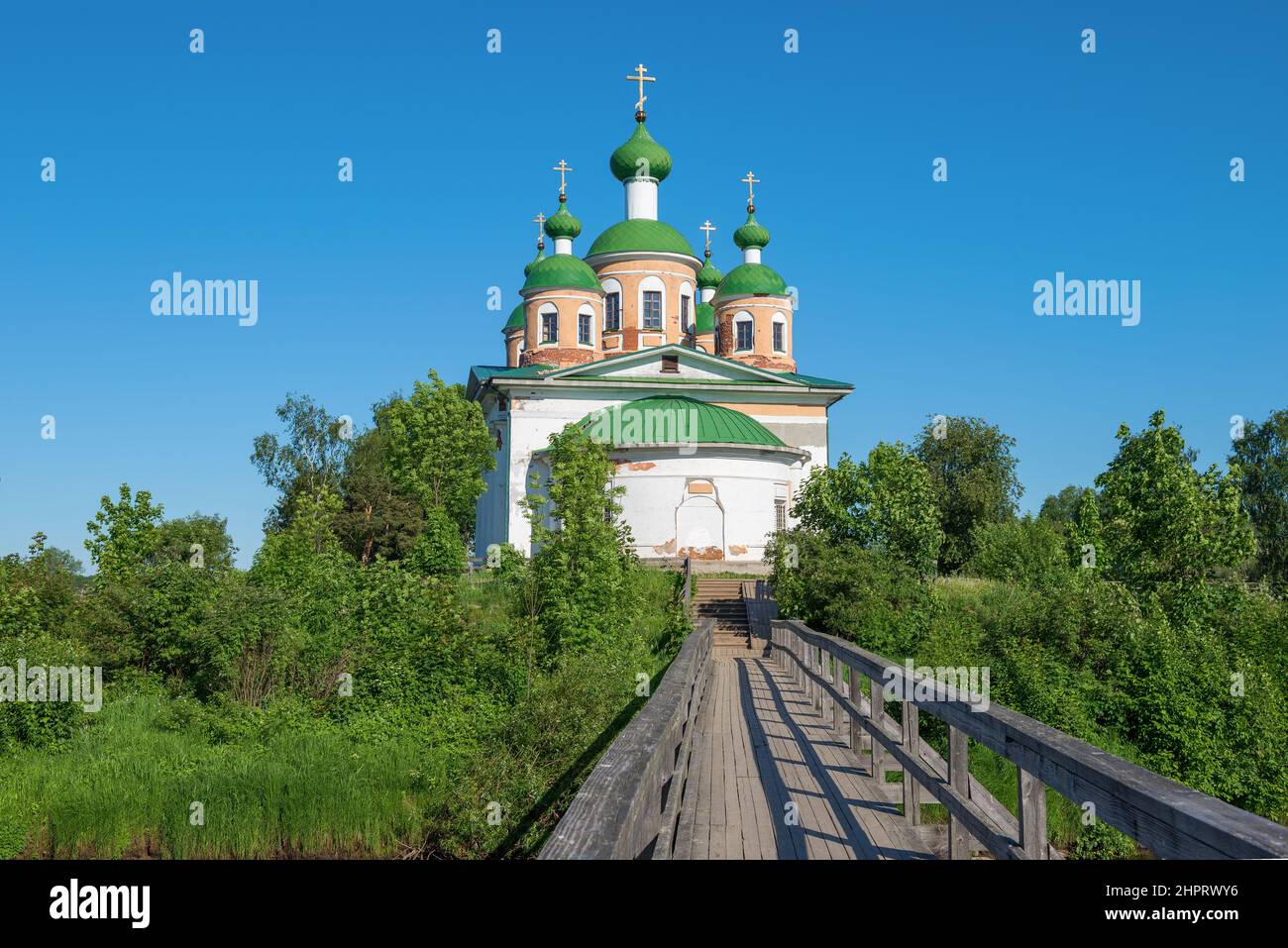 A sunny June day at the ancient cathedral in the name of the Smolensk Icon of the Mother of God. Olonets. Karelia, Russia Stock Photo