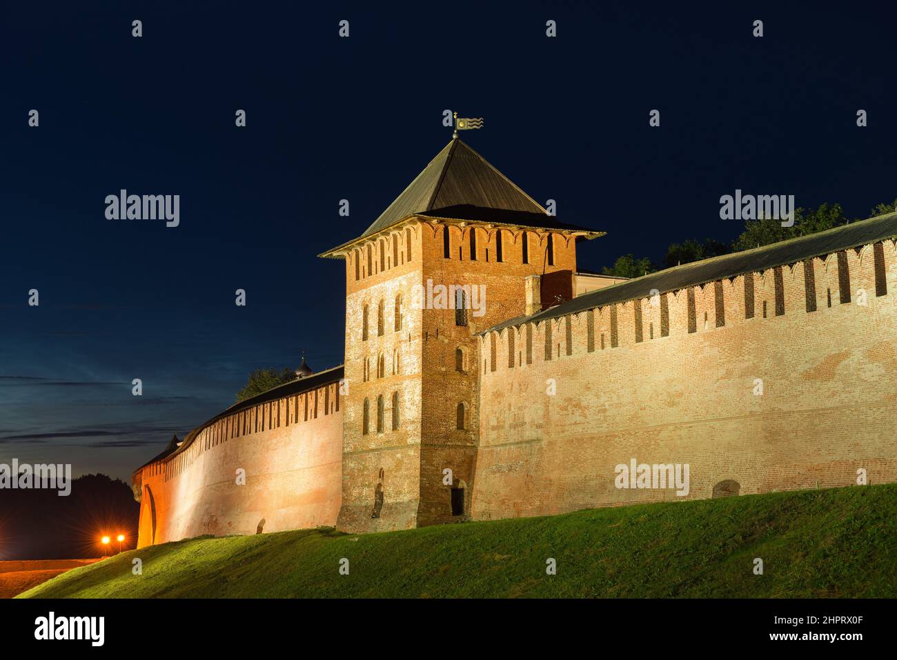 Ancient Zlatoust tower on a July night. Kremlin (Detinets) of Veliky Novgorod. Russia Stock Photo