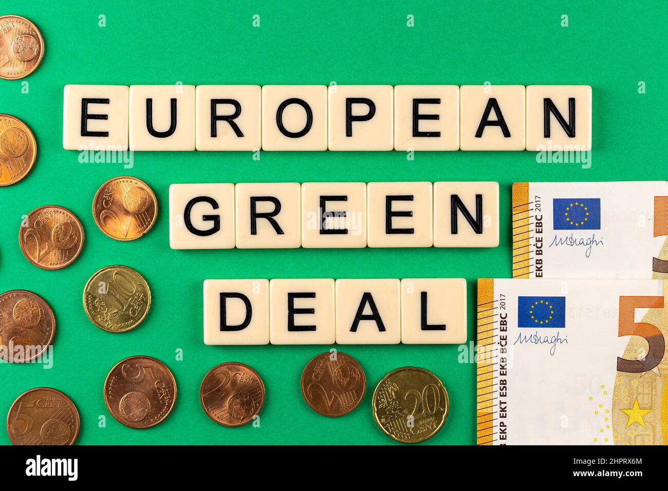Sentence "European green deal" composed of letters put on the green