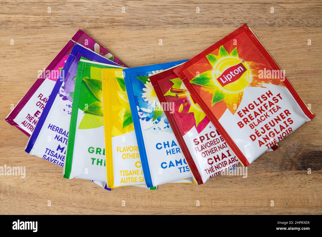 Diverse variety of Lipton tea and infusions. The product is a popular healthy food in North America Stock Photo