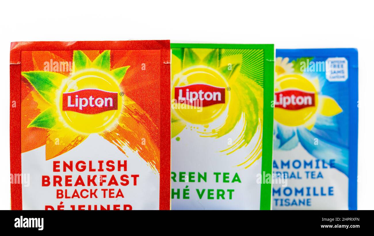 Diverse variety of Lipton tea and infusions. The product is a popular healthy food in North America Stock Photo
