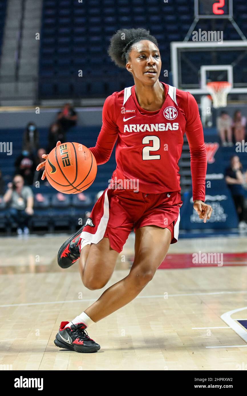 February 22, 2022: Arkansas guard Samara Spencer (2) in action during the  college basketball game between the Arkansas Razorbacks and the Ole' Miss  Rebels on February 22, 2022 at the SJB Pavilion