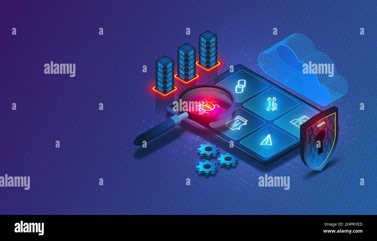 Application Security Testing Concept with Digital Magnifying Glass Scanning Applications to Detect Vulnerabilities - AST - Process of Making Apps Resi Stock Photo
