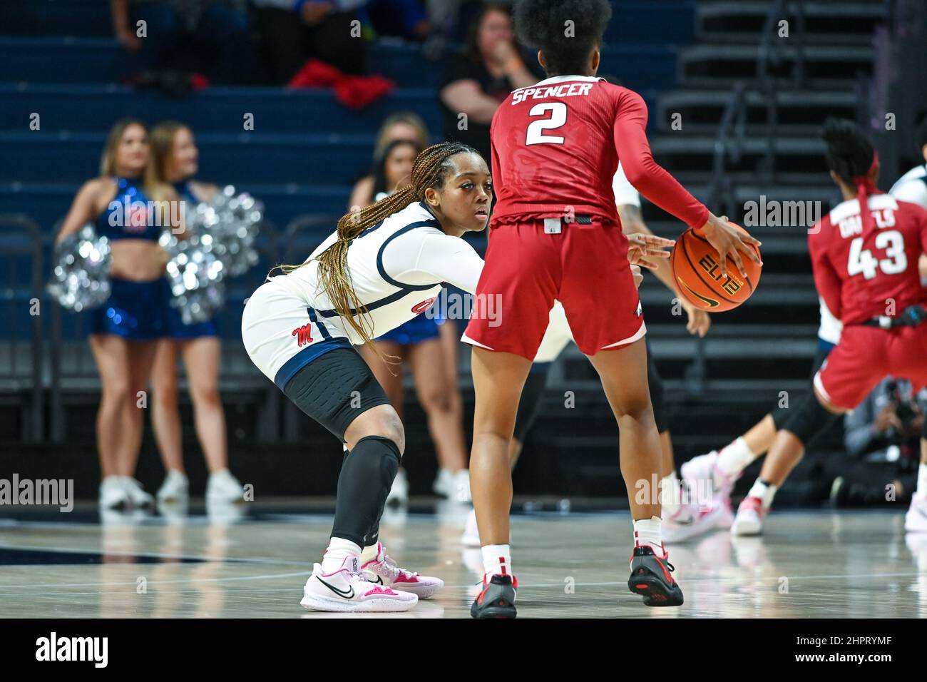 Oxford, MS, USA. 22nd Feb, 2022. Ole' Miss guard Mimi Reid (2) on the defensive against Arkansas guard Samara Spencer (2) during the college basketball game between the Arkansas Razorbacks and the Ole' Miss Rebels on February 22, 2022 at the SJB Pavilion in Oxford, MS. (Photo by: Kevin Langley/CSM). Credit: csm/Alamy Live News Stock Photo