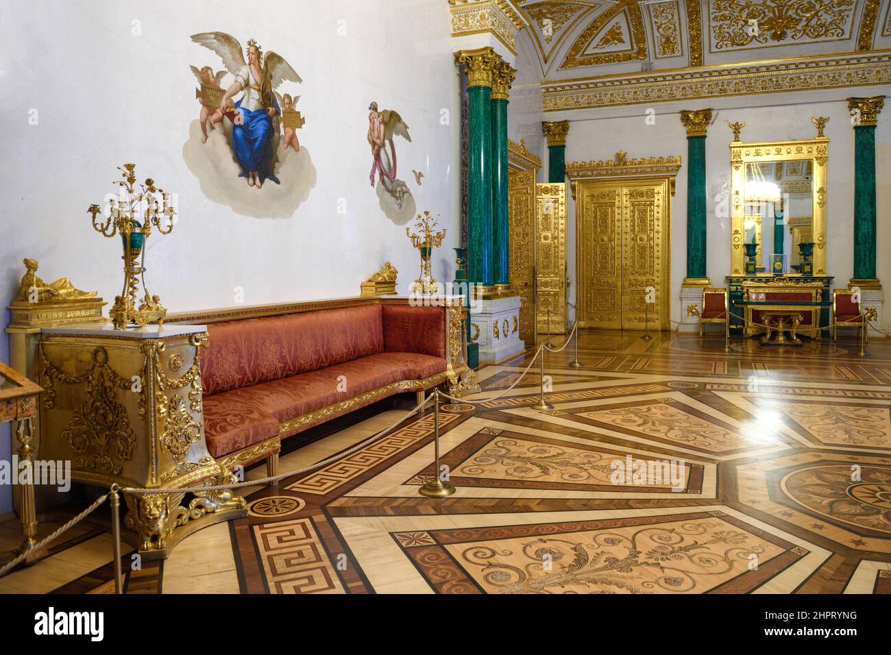 ST. PETERSBURG, RUSSIA - FEBRUARY 17, 2022: Interior of the Malachite living room of Empress Alexandra Fedorovna. Winter Palace, Hermitage Stock Photo