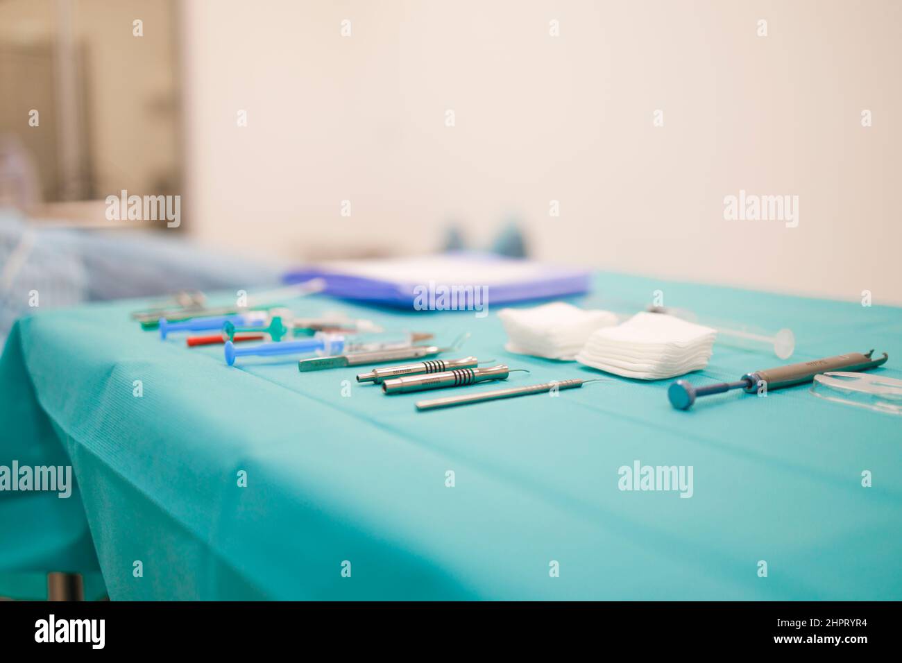 Sterile equipment lined up precisely for the cataract surgery Stock Photo