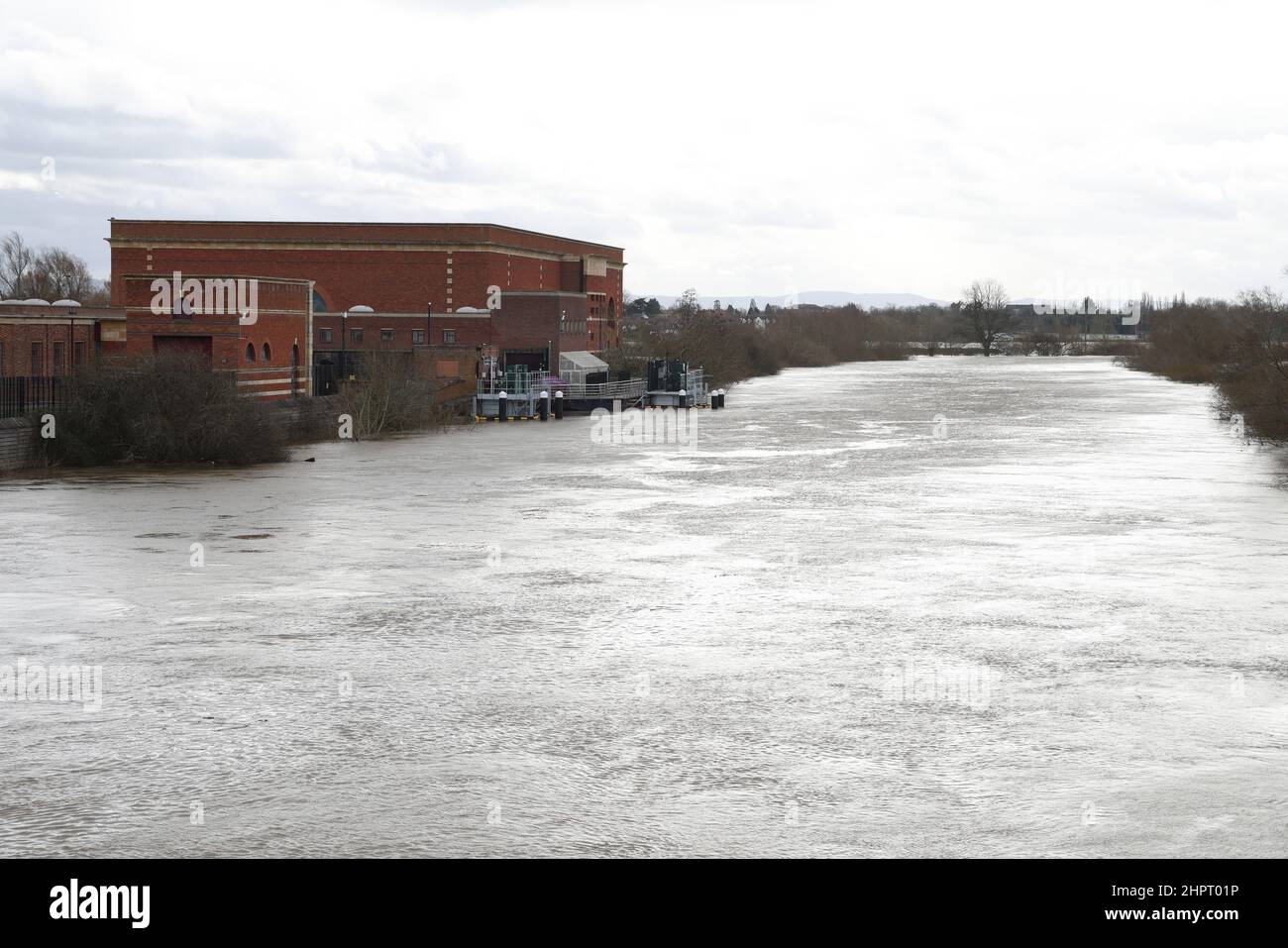 Tewkesbury, Gloucestershire, UK. 23 February 2022. River Severn one mile north of the ancient town of Tewkesbury on the verge of flooding near the Mythe Water Treatment Works. Credit: Thousand Word Media Ltd/Alamy Live News Stock Photo