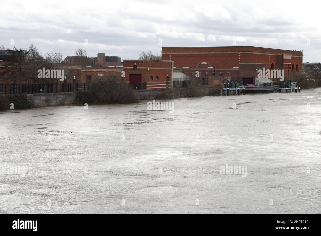 Tewkesbury, Gloucestershire, UK. 23 February 2022. River Severn one mile north of the ancient town of Tewkesbury on the verge of flooding near the Mythe Water Treatment Works. Credit: Thousand Word Media Ltd/Alamy Live News Stock Photo