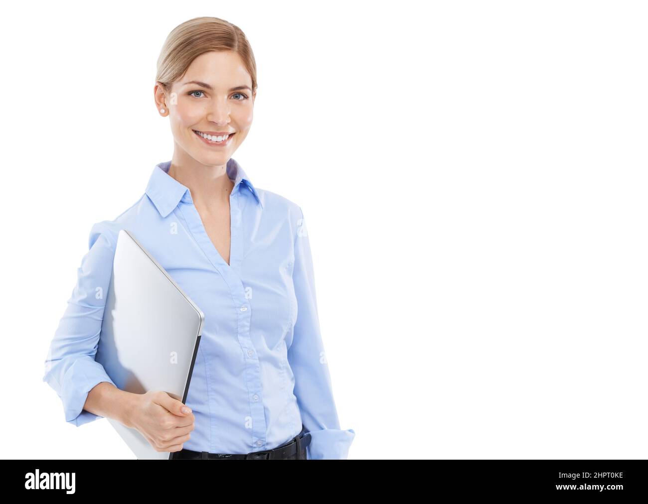 All I need for business. Studio shot of a beautiful young businesswoman holding a laptop against a white background. Stock Photo