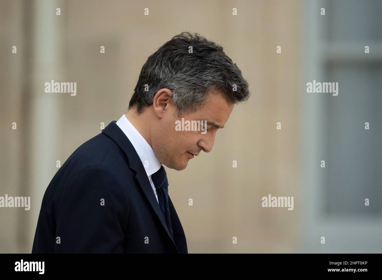 Paris, France, February 23, 2022, France's Minister Gerald Darmanin leaves after taking part in the weekly cabinet meeting at The Elysee Presidential Palace in Paris on February 23, 2022. Photo by Eliot Blondet / ABACAPRESS.COM Stock Photo