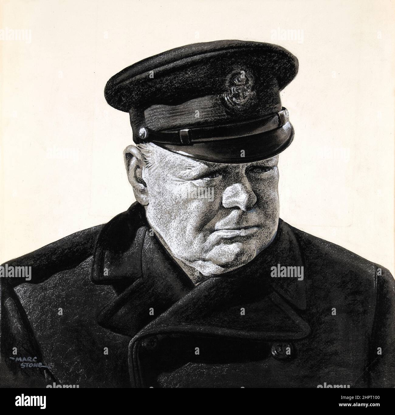 Winston Churchill, in Trinity House uniform, portrait painting in grisaille by Marc Stone, 1939-1946 Stock Photo