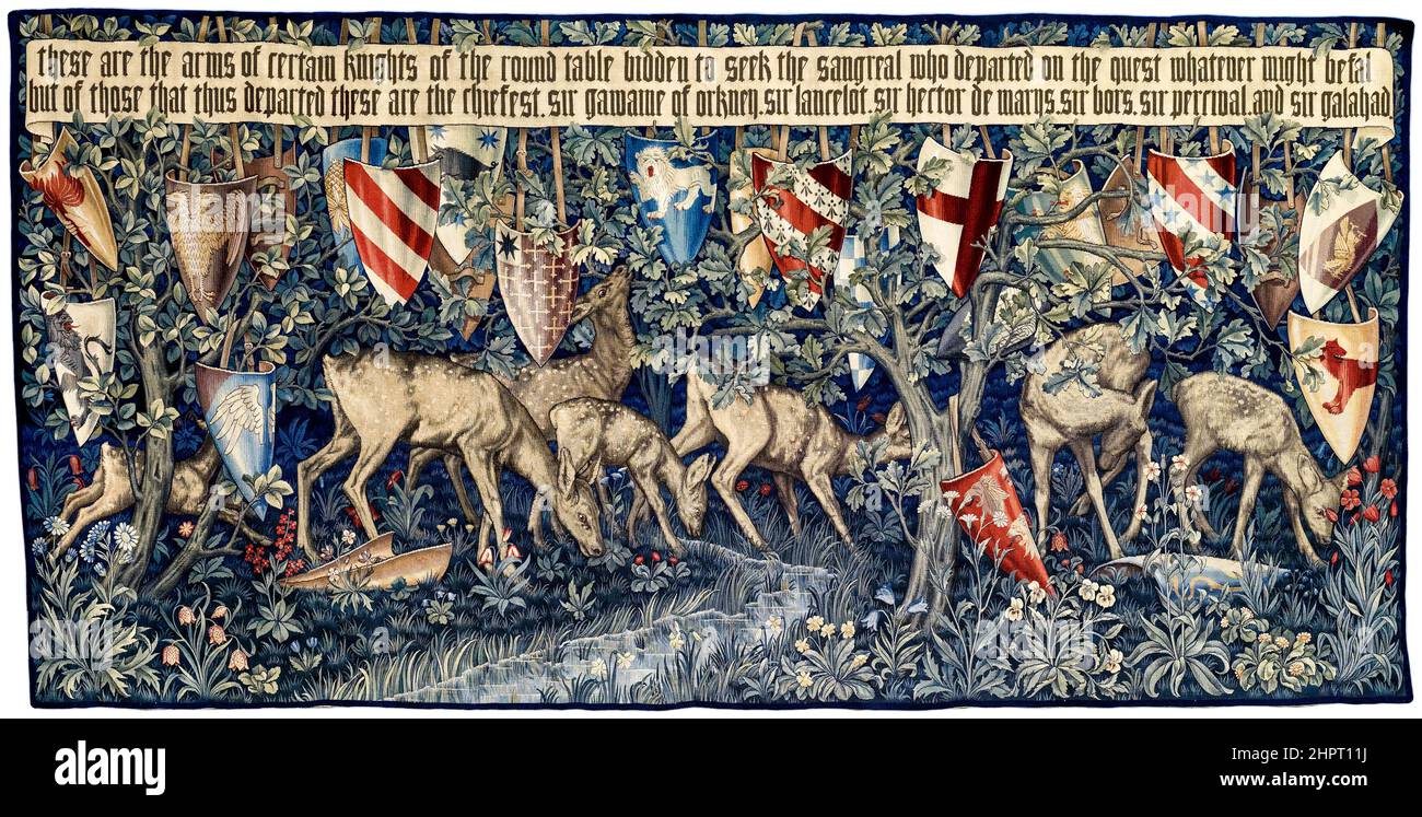 Quest for the Holy Grail Tapestries: Verdure with Deer and Shields, art and crafts movement tapestry by Sir Edward Coley Burne-Jones, William Morris & John Henry Dearle, 1900 Stock Photo