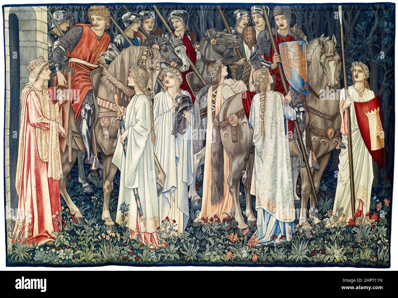 Quest for the Holy Grail Tapestries: Panel 2 - The Arming and Departure of the Knights, art and crafts movement tapestry by Sir Edward Coley Burne-Jones, William Morris & John Henry Dearle, 1895-1896 Stock Photo