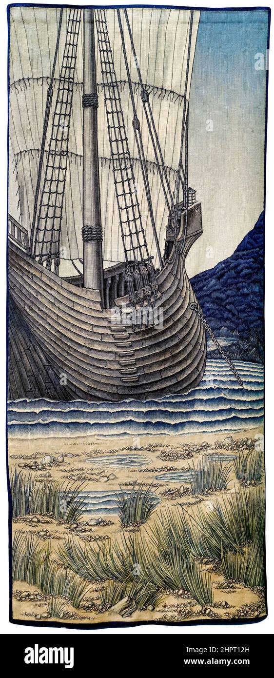 Quest for the Holy Grail Tapestries: Panel 5 - The Ship, art and crafts movement tapestry by Sir Edward Coley Burne-Jones, William Morris & John Henry Dearle, 1900 Stock Photo