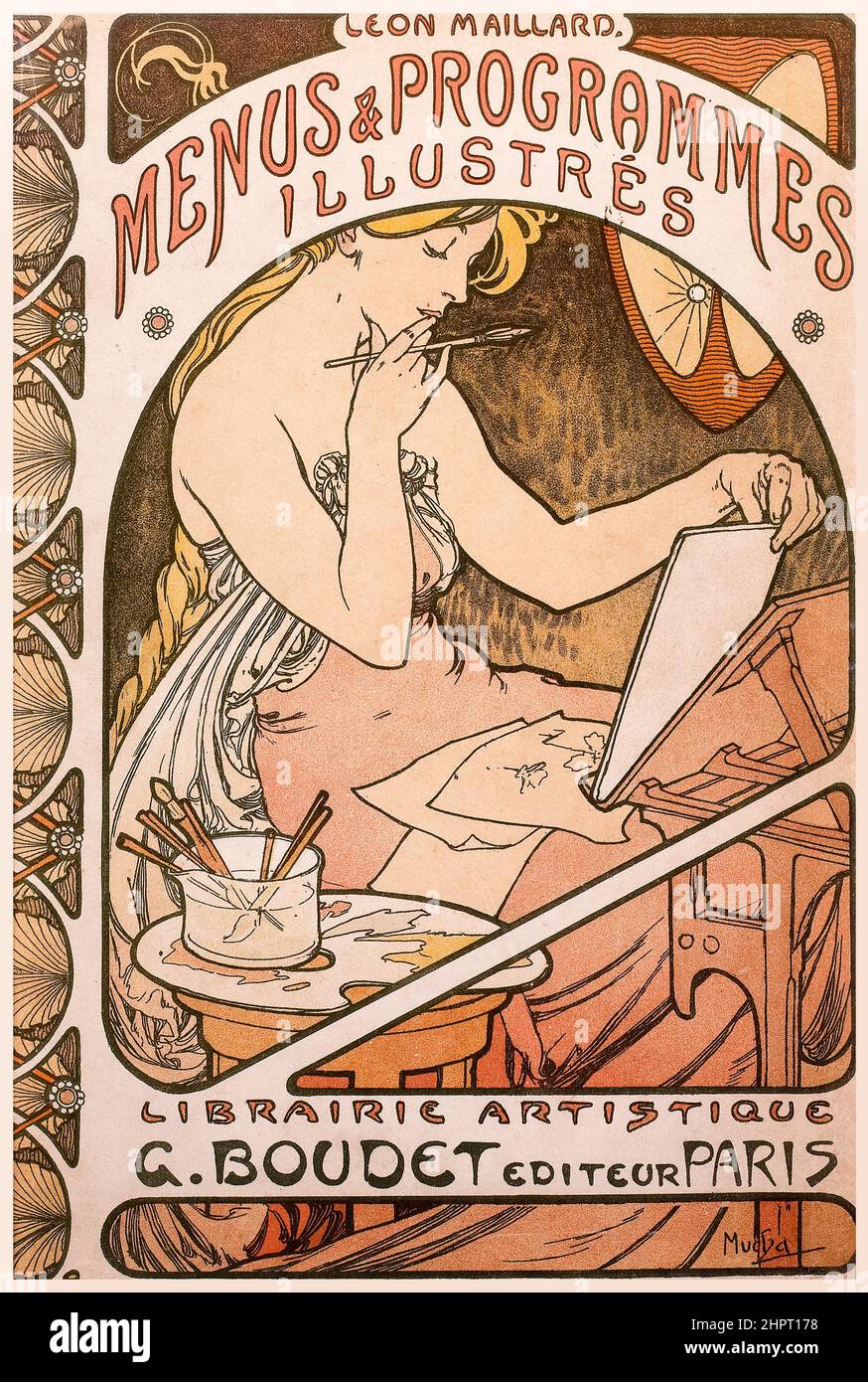 Alphonse Mucha, Art Nouveau  book cover illustration for 'Les Menus et Programmes Illustrés' by Léon Maillard, 1898 Stock Photo