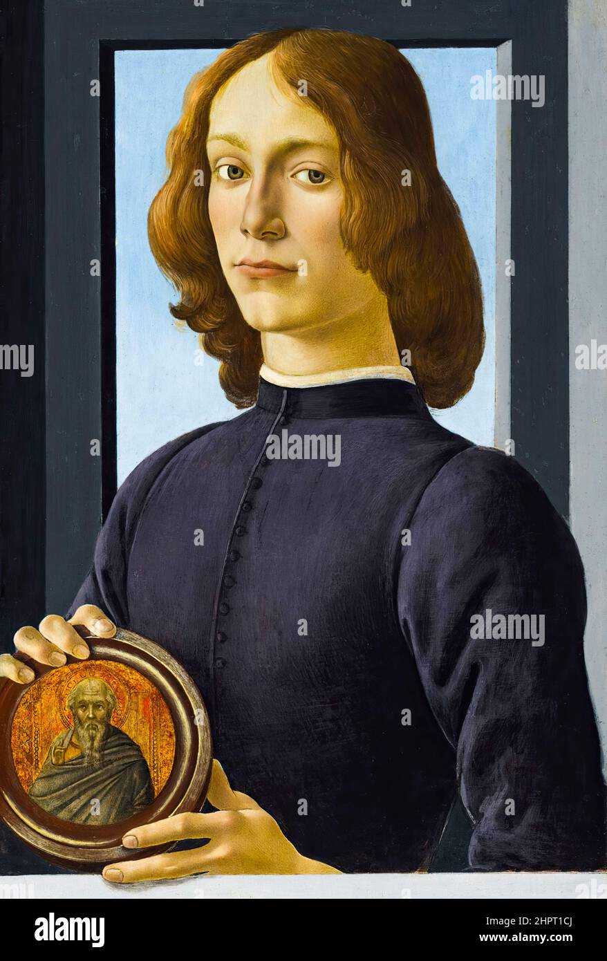Sandro Botticelli, Portrait of a young man holding a roundel, painting, tempera on poplar panel, 1480-1485 Stock Photo