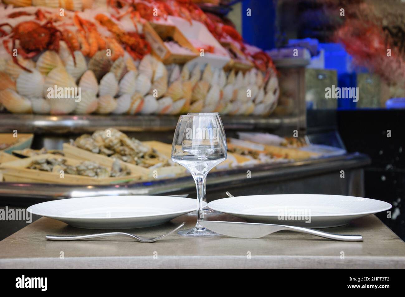 Traditional seafood restaurant in Paris, France. Outdoor terrace