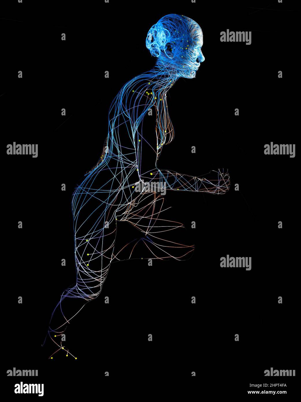 Motor activity, sports, exercise, running. Running woman profile view, abstract figure. Energy and strength. Vitamins that help strengthen muscles Stock Photo