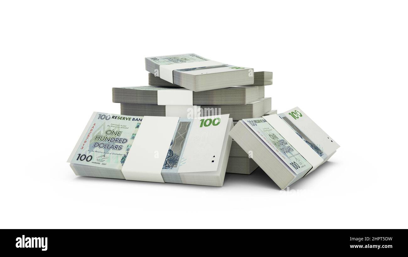 3d rendering of Stack of 100 Zimbabwean dollar notes. bundles of ...