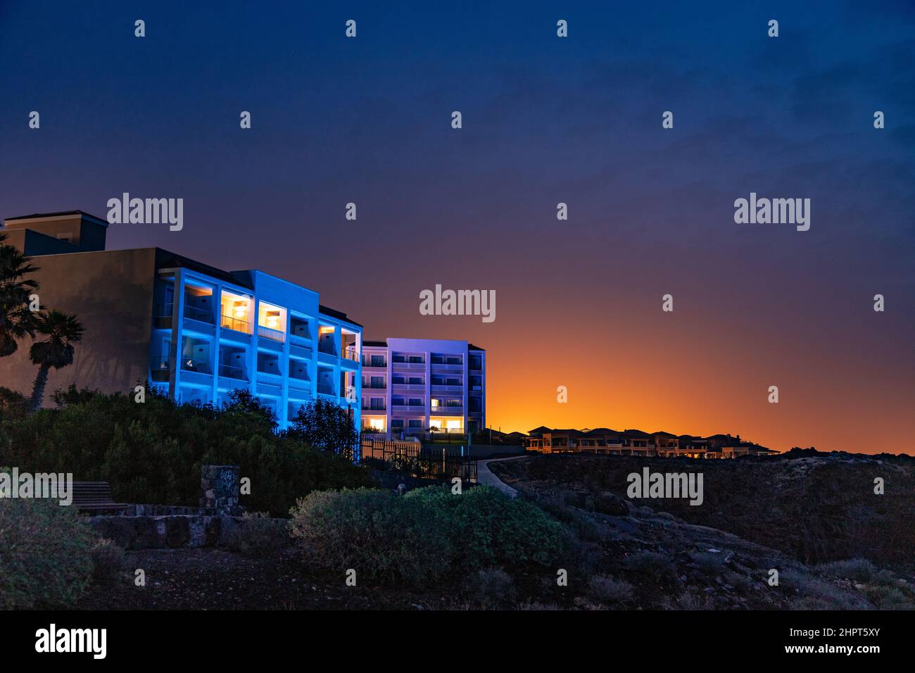Hotel lit up at night, Tenerife, Canary islands Stock Photo