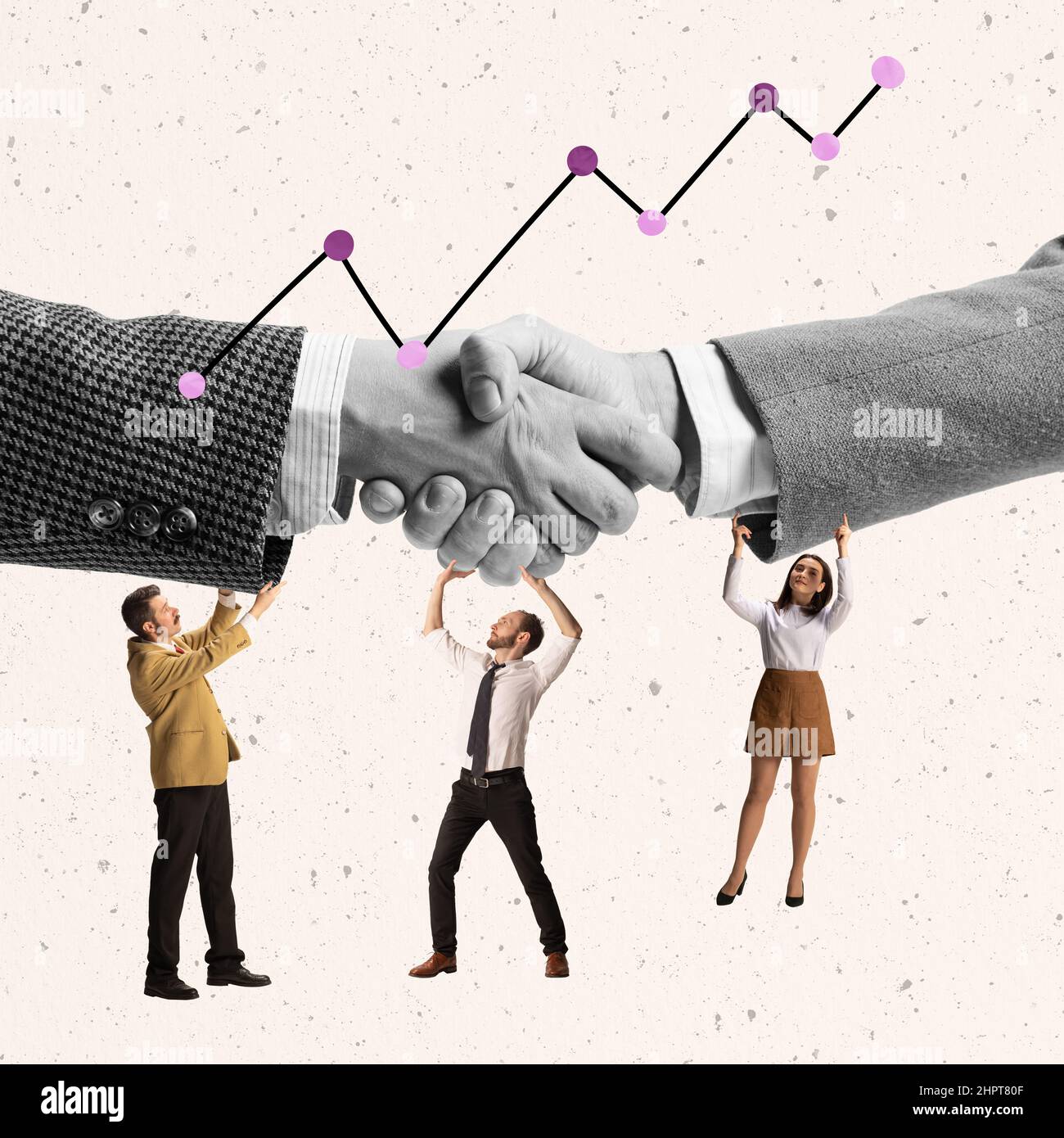 Creative design. Employees celebrating successful project. Giant hands ...