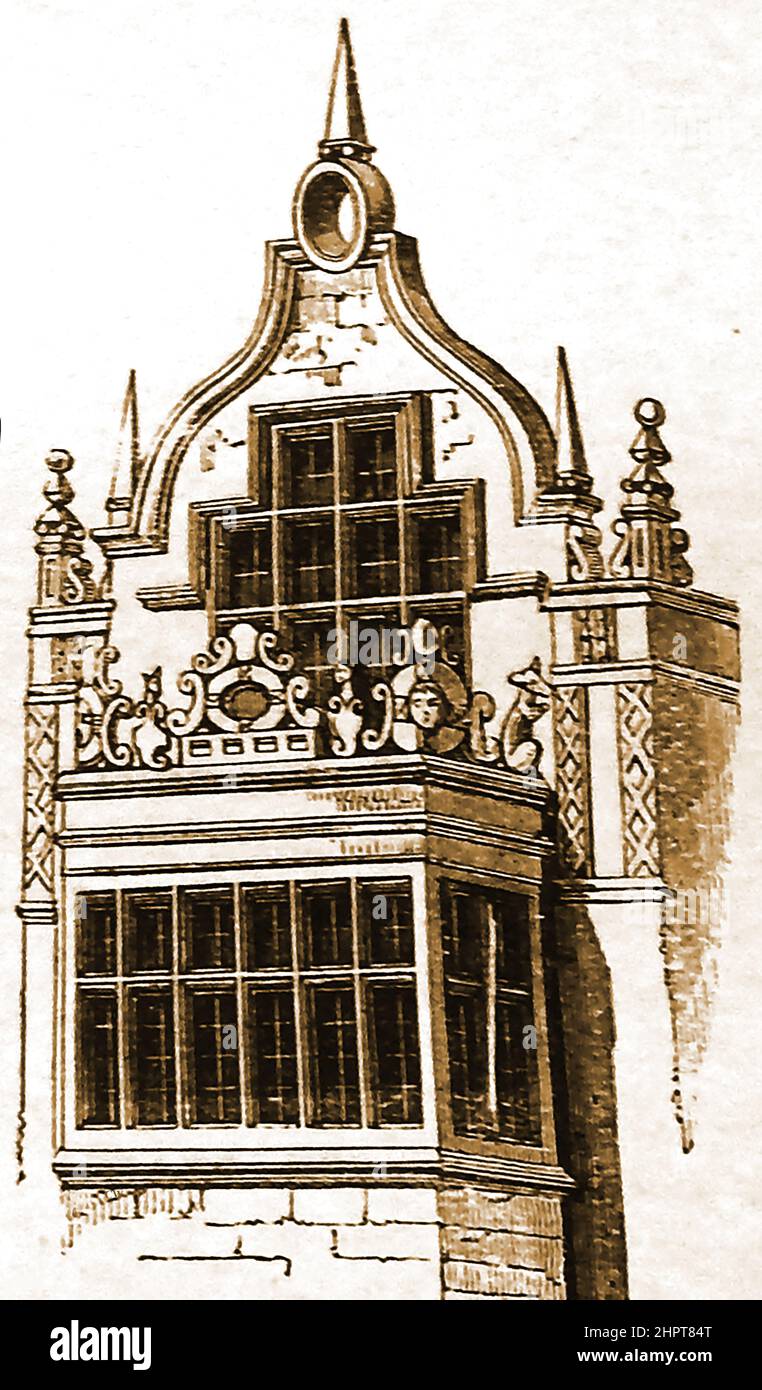 Architecture. A late 19th century engraving of Elizabethan architecture showing a window in an English manor house. Stock Photo