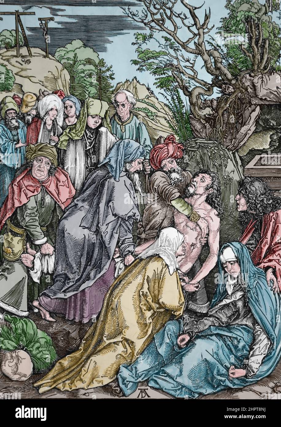 The Great Passion. The Entombment, 1497-1500 by German engraver Albrecht  Durer (1471-1528). Stock Photo