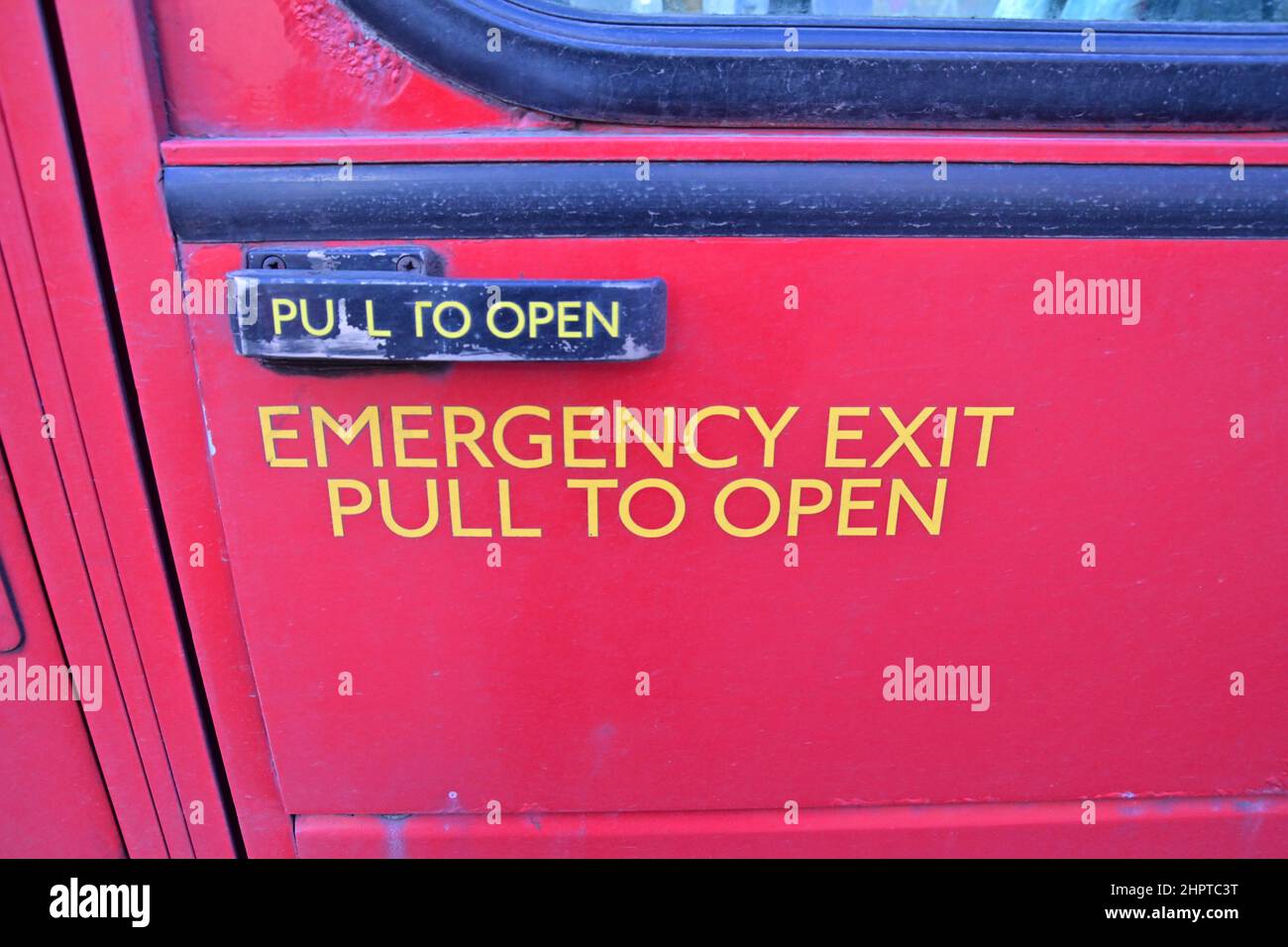 Bus Emergency Exit Pull to open Stock Photo Alamy