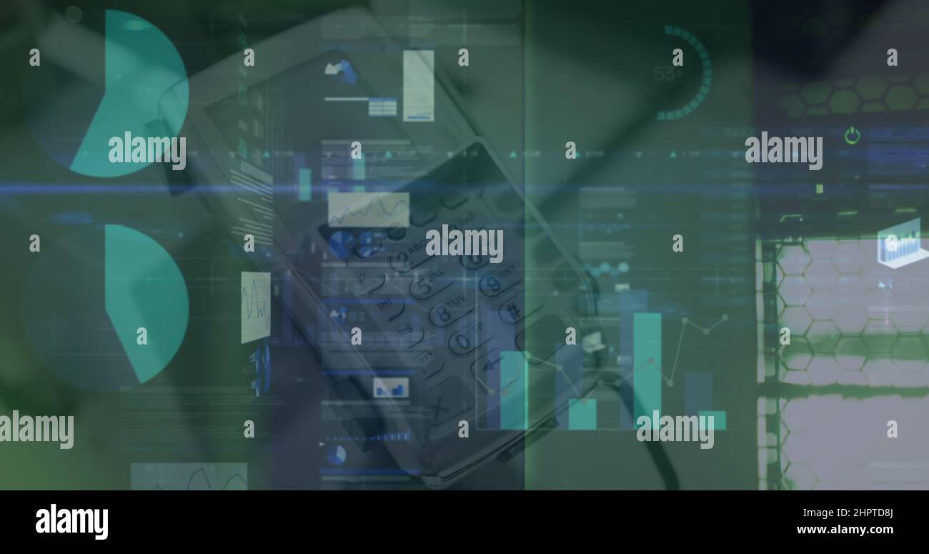 Image of data processing and payment terminal over computer servers ...