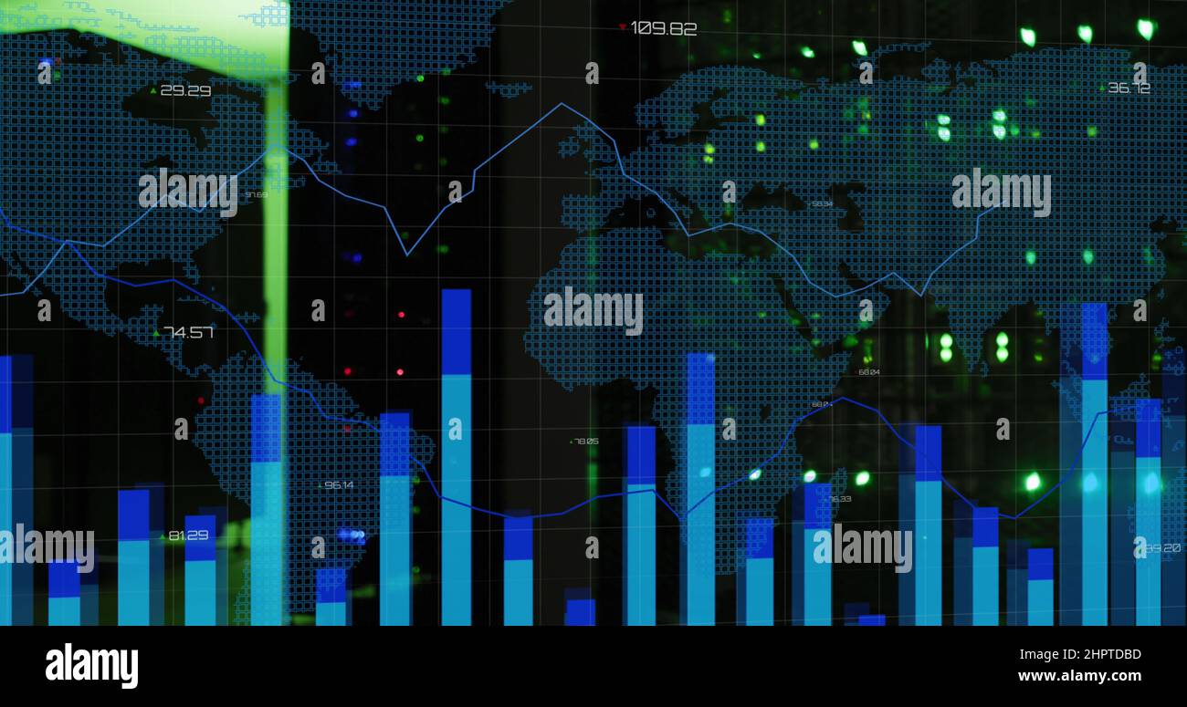 Image of data processing and world map over computer servers Stock ...