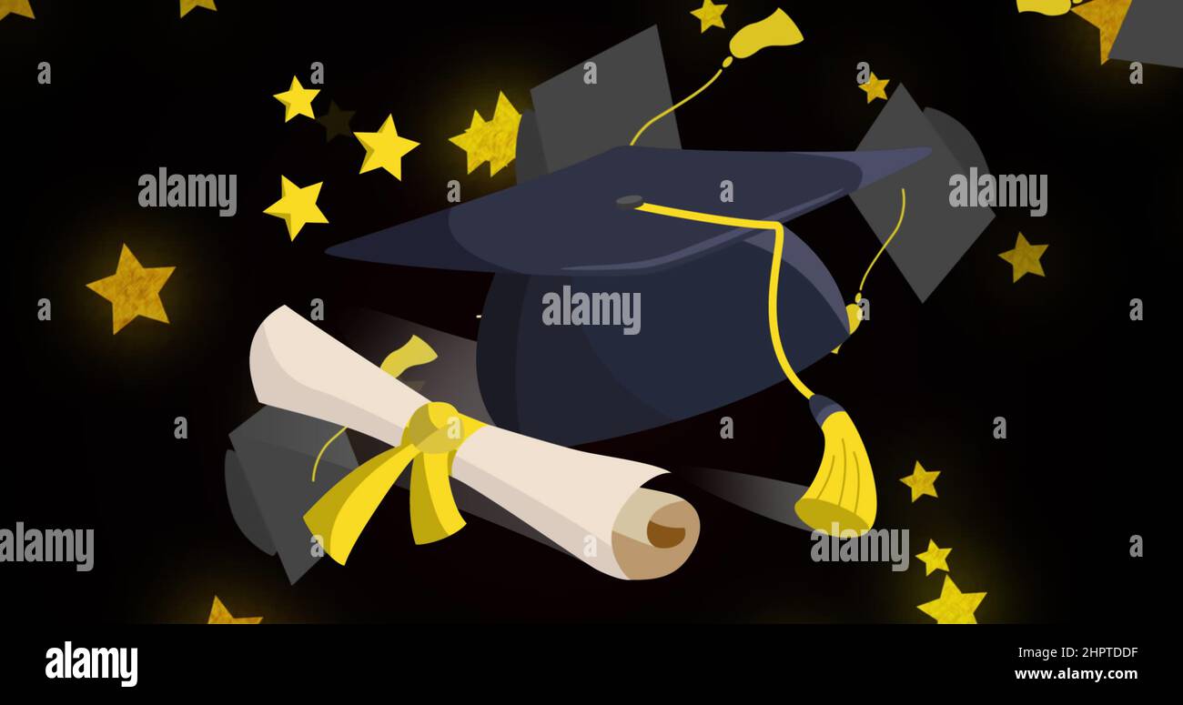 Image of graduation cap and letter icons over stars on black background ...