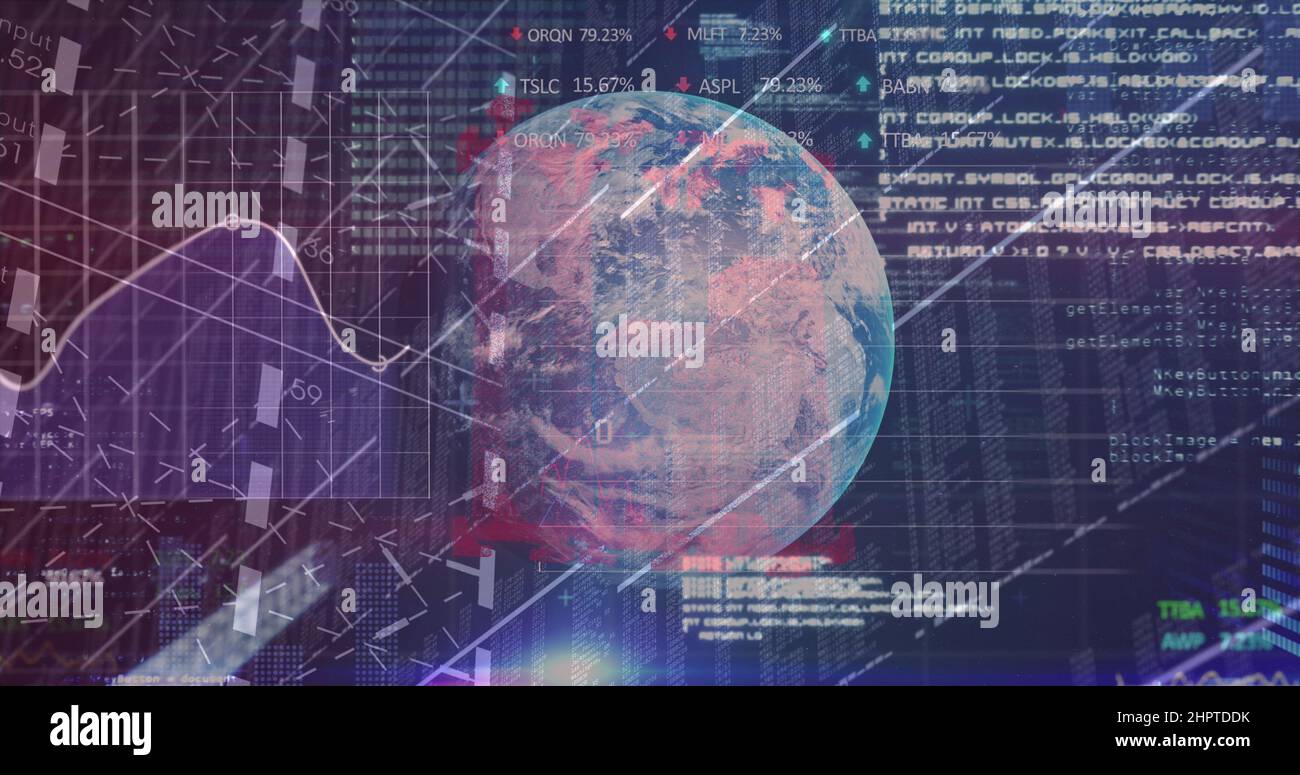 Image of globe and financial data processing over black background ...
