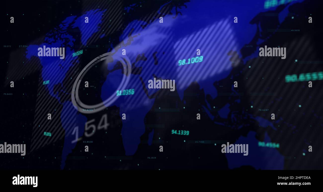 Image of world map and financial data processing over black background ...