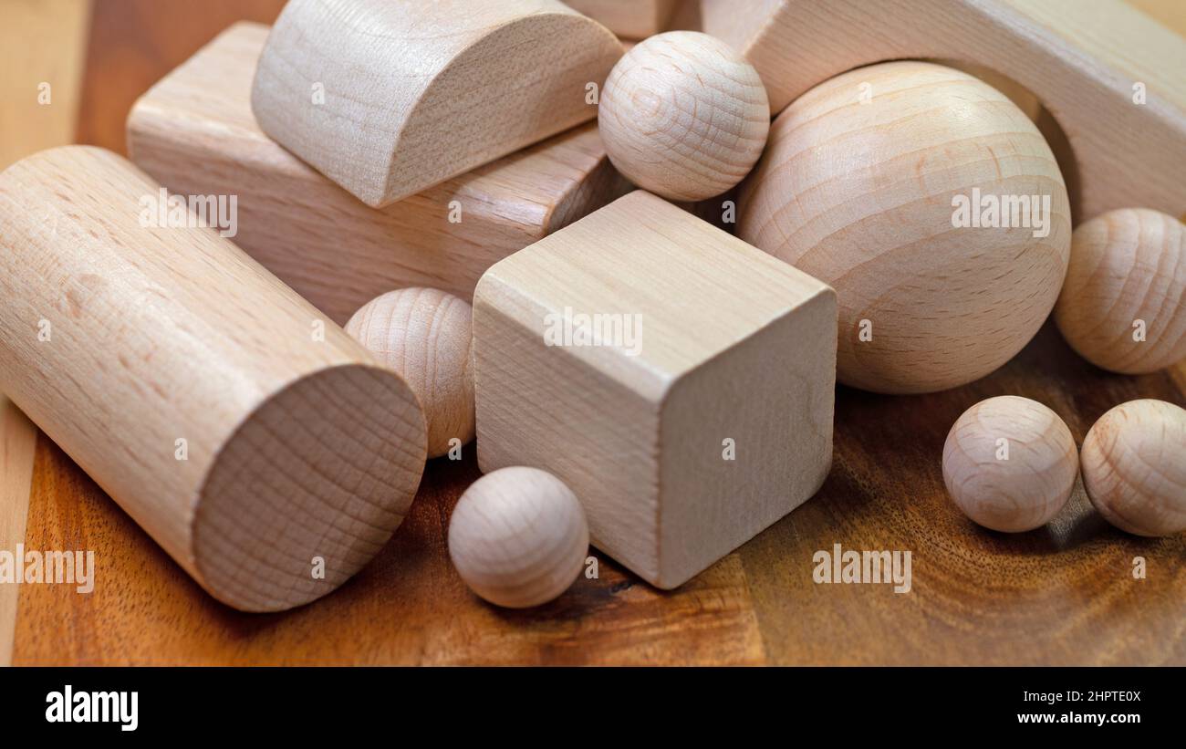 Different wooden blocks and wooden balls Stock Photo Alamy