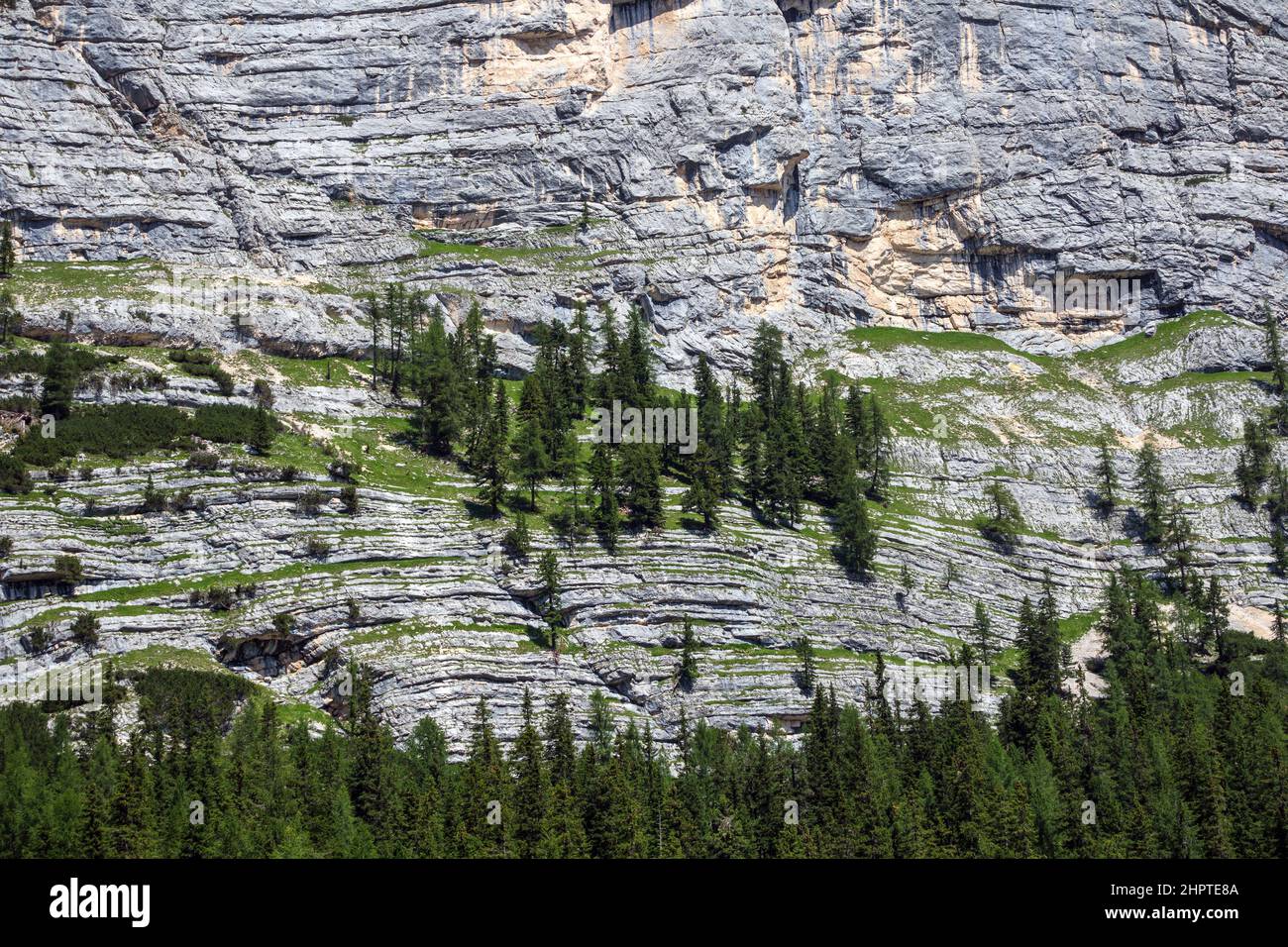 Rock stratifications on mountain wall in the Fanes valley. The Ampezzo Dolomites. Italian Alps. Stock Photo