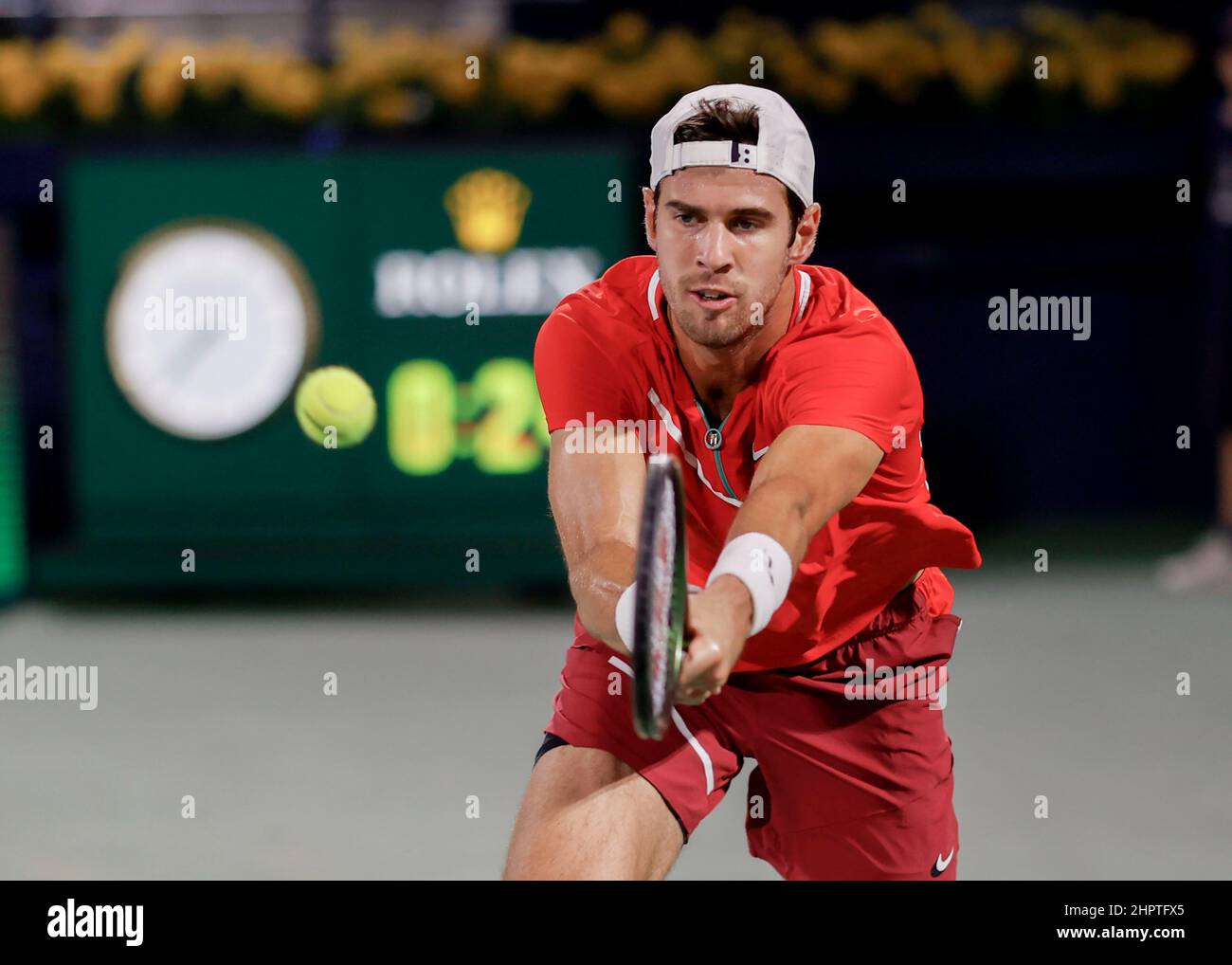 Dubai, UAE, 23rd.Feb, 2022. Russian tennis player Karen Khachanov in ...