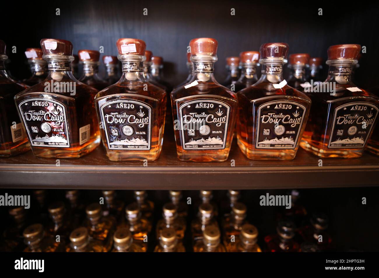 El Arenal, Mexico. 22nd Feb, 2022. Bottles of aged tequila of the brand