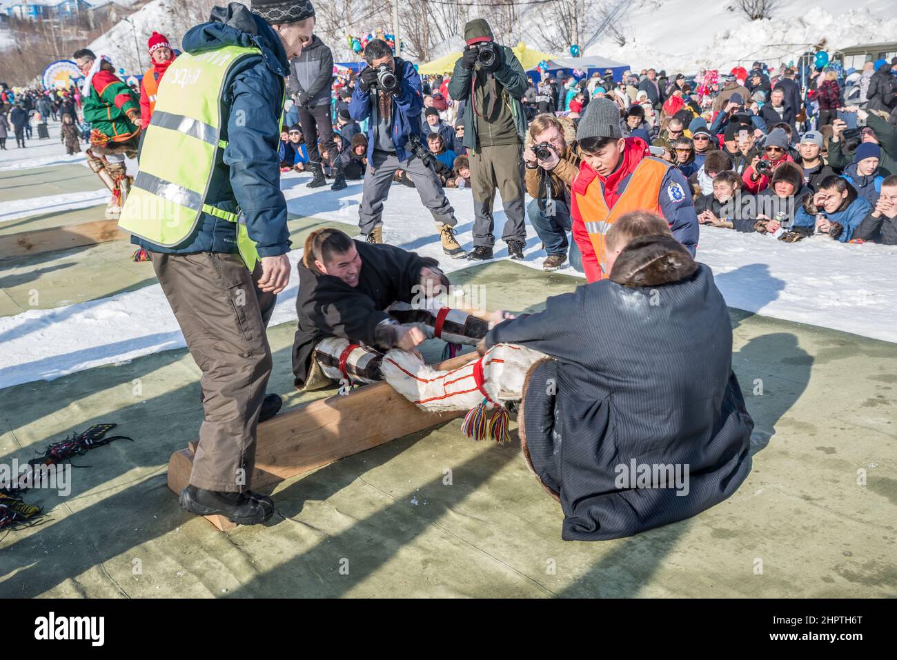 Nenet tug of war competition at the Reindeer Herders Festival in Salekhard, Yamalo-Nenets Autonomus Okrug, Russia. Stock Photo