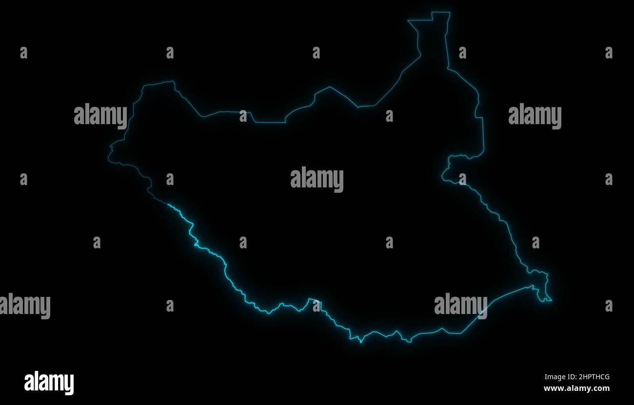 Abstract map outline of South Sudan glowing outline in black background ...