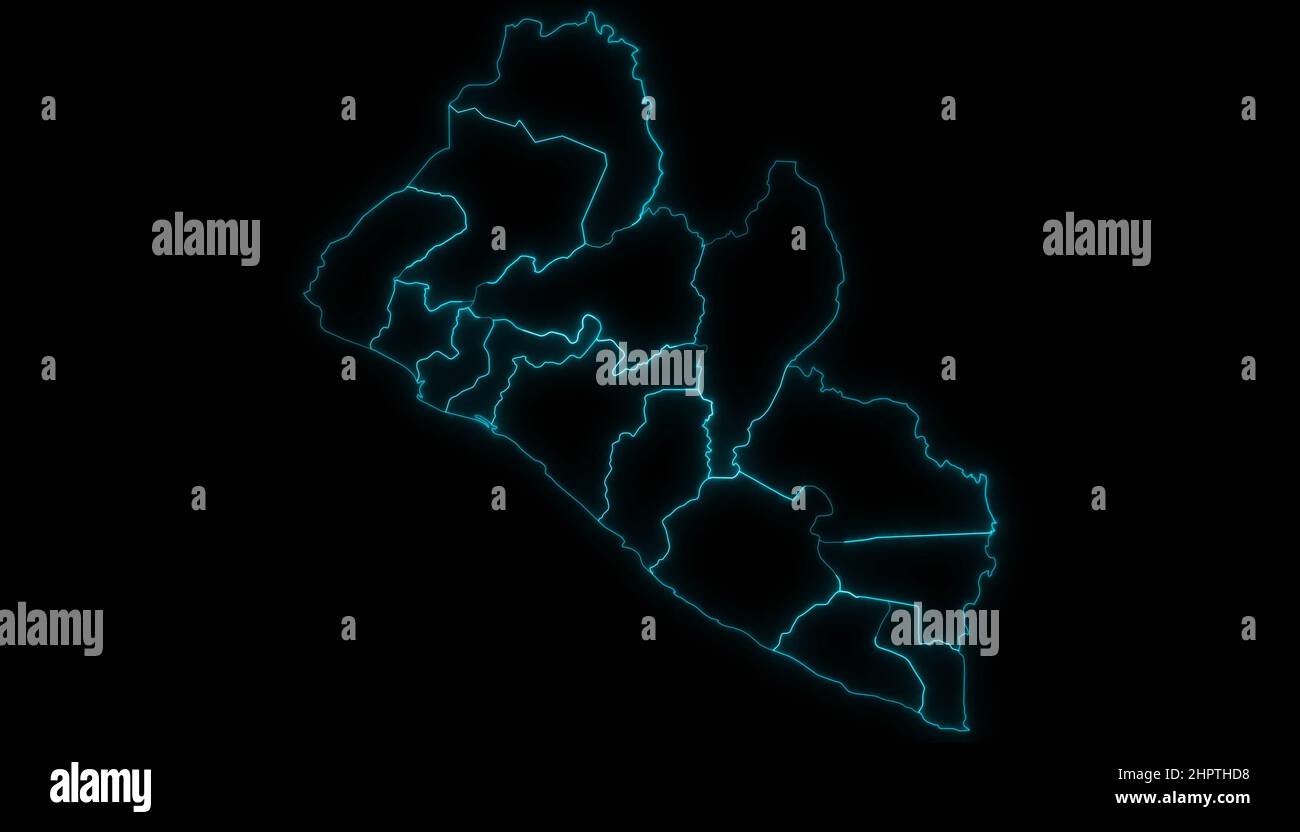 Abstract map outline of Liberia with Counties glowing outline in black ...