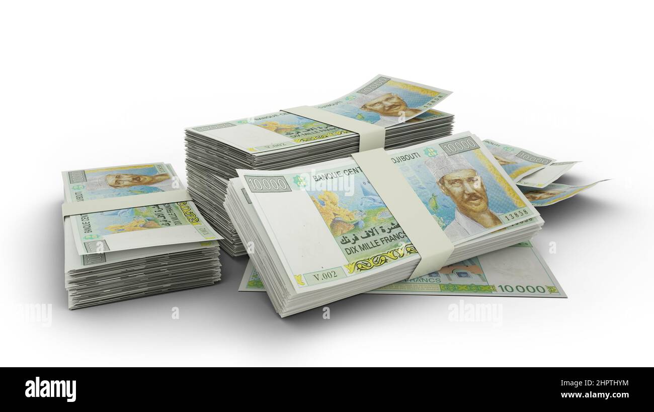 3D Stack of Djiboutian franc notes isolated on white background Stock Photo