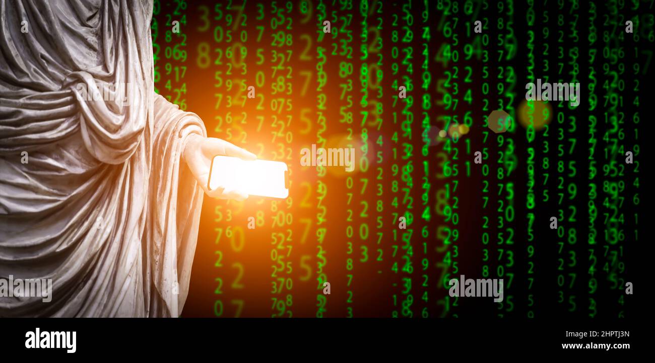 Digital data technology background. A hand with a smartphone on the background of the program code in the style of the matrix. Internet, network, communications, computer software concept. High quality illustration Stock Photo