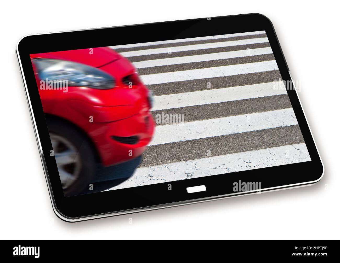 Black and white pedestrian crossing with red car on background ...