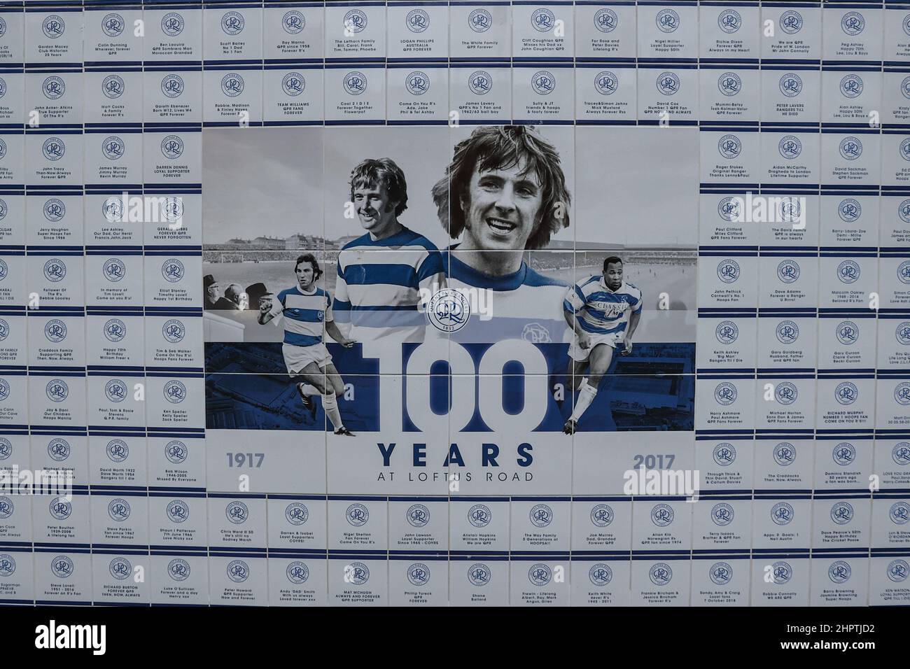 London, UK. 23rd Feb, 2022. A tiles wall at Kiyan Prince Foundation Stadium, “100 years at Loftus Road” in London, United Kingdom on 2/23/2022. (Photo by Mark Cosgrove/News Images/Sipa USA) Credit: Sipa USA/Alamy Live News Stock Photo