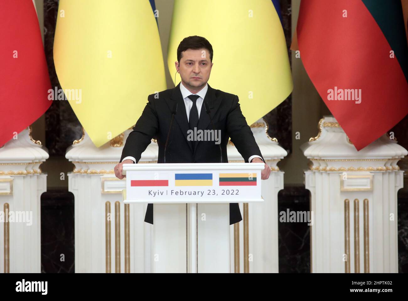 Non Exclusive: KYIV, UKRAINE - FEBRUARY 23, 2022 - President of Ukraine Volodymyr Zelenskyy is pictured during his meeting with President of the Repub Stock Photo