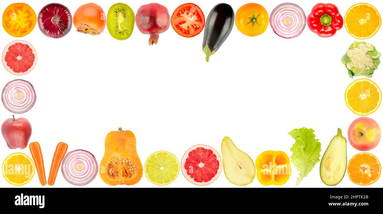 Wide frame cut vegetables and fruits isolated on white background. Stock Photo