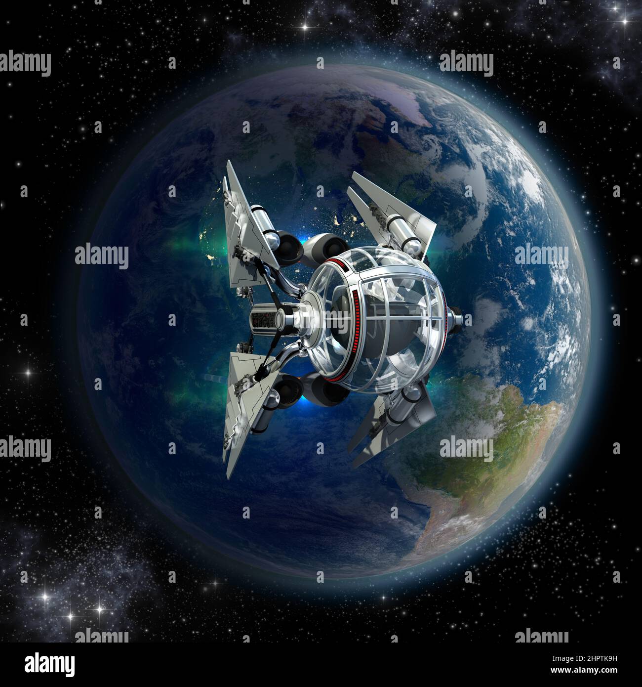 Manned spacecraft in outer space with the Earth in the 3D illustration