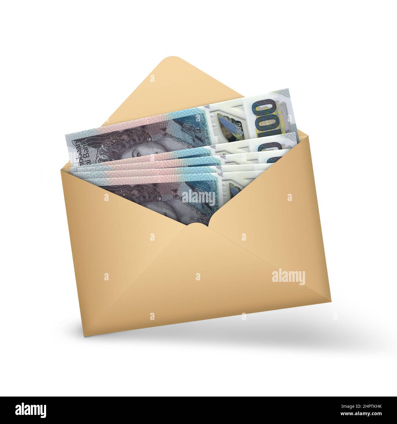 Eastern Caribbean dollar notes inside an open brown envelope. 3D illustration of money in an open envelope Stock Photo