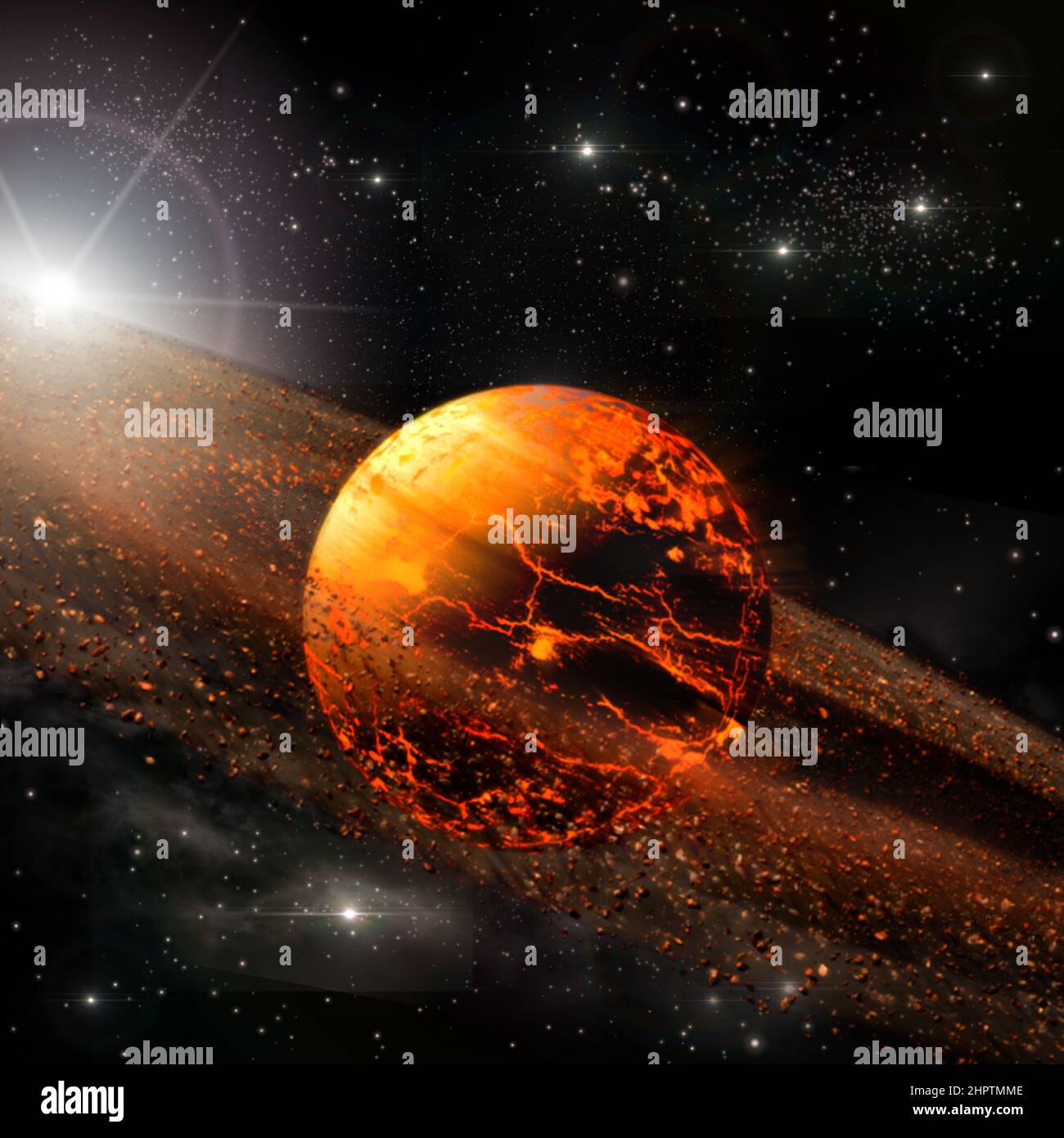 3D rendered exploding planet with rings forming a meteorite field, for ...