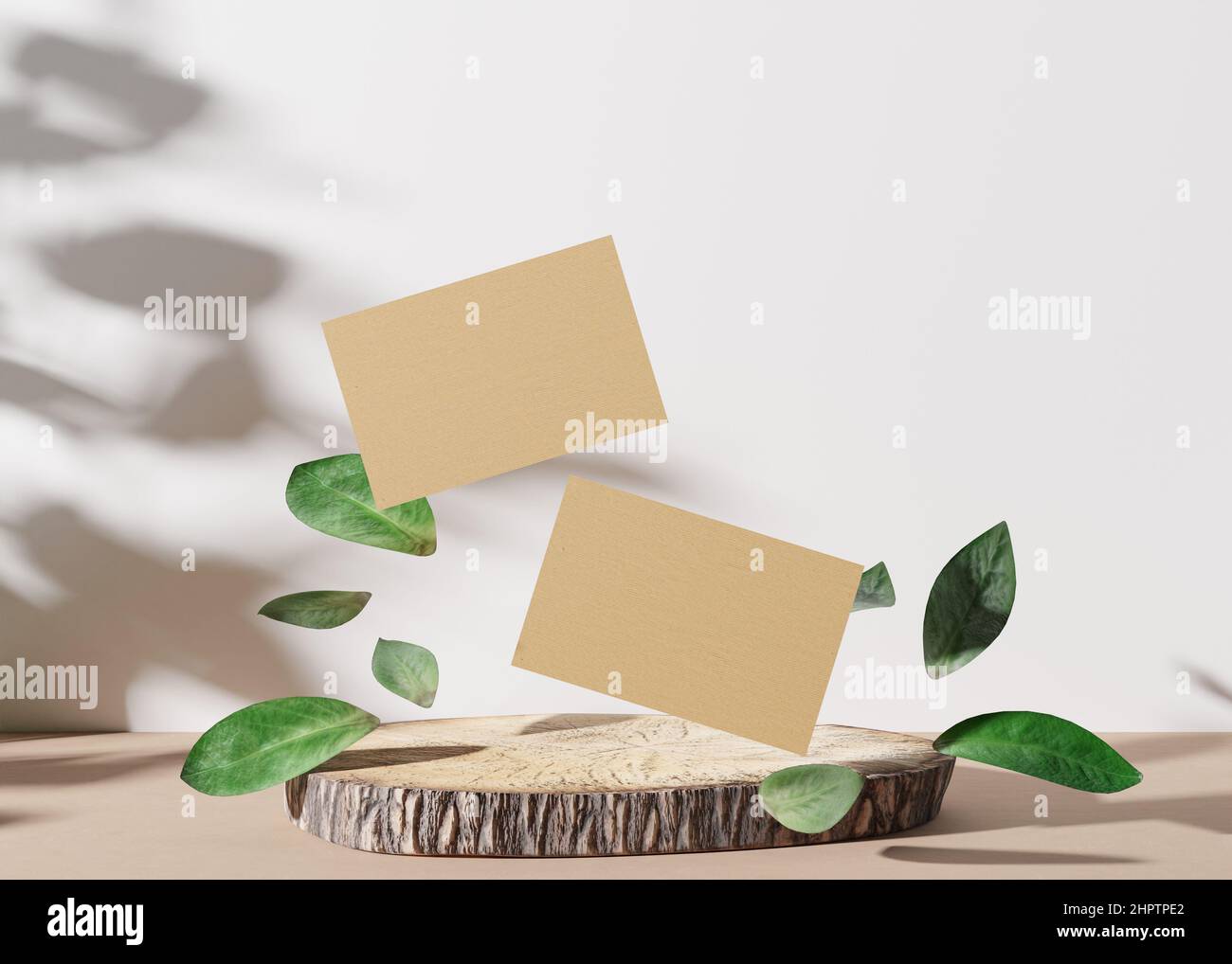 Blank brown cardboard business cards with leaves and plants shadows on